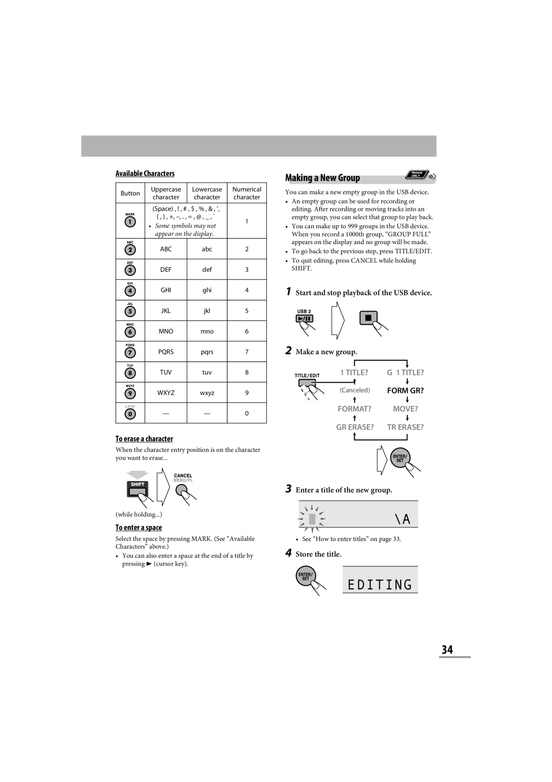 JVC CA-NXG9 manual Making a New Group, Available Characters, To erase a character, To enter a space 