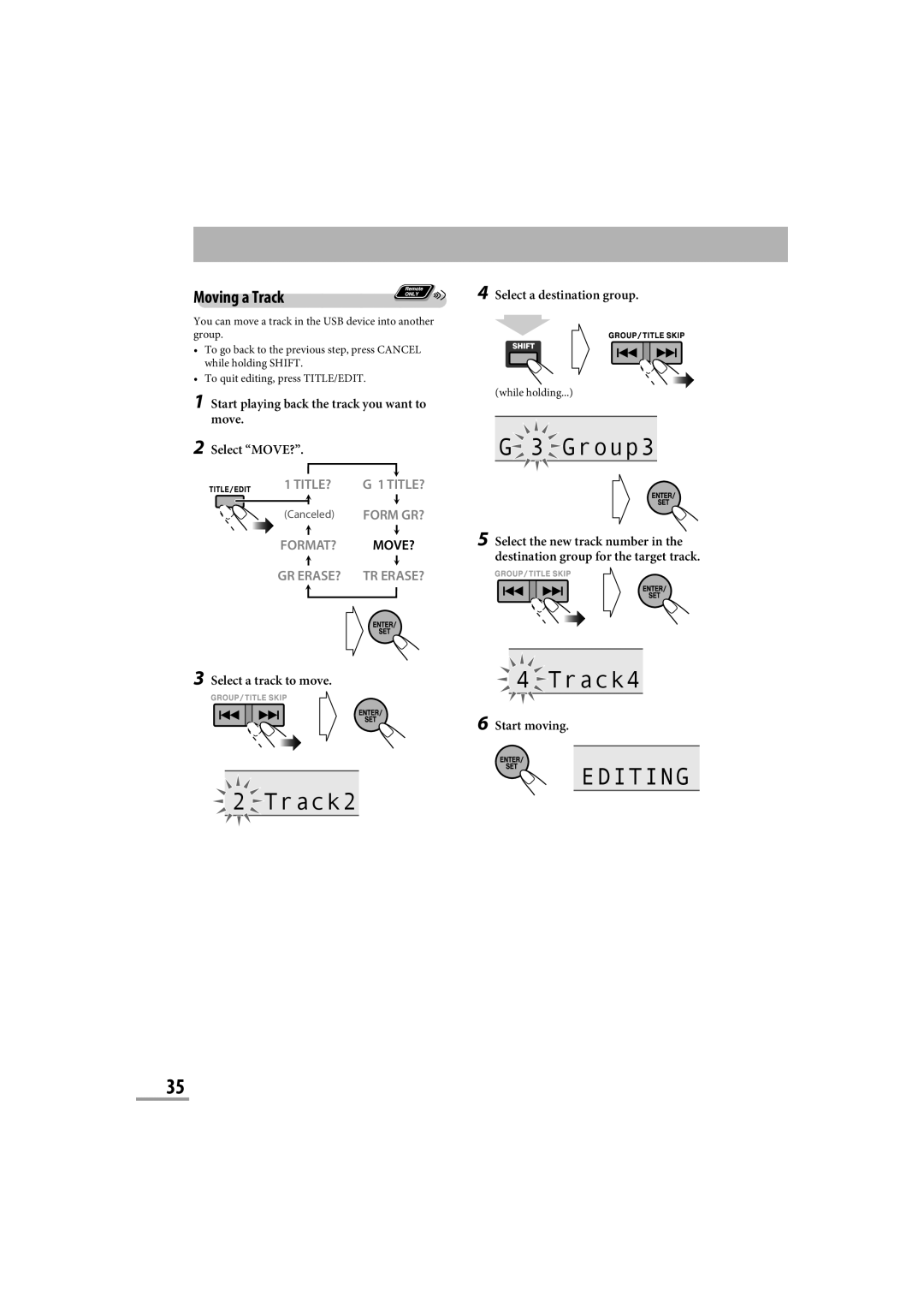 JVC CA-NXG9 manual Moving a Track, Start playing back the track you want to move Select MOVE?, Select a track to move 