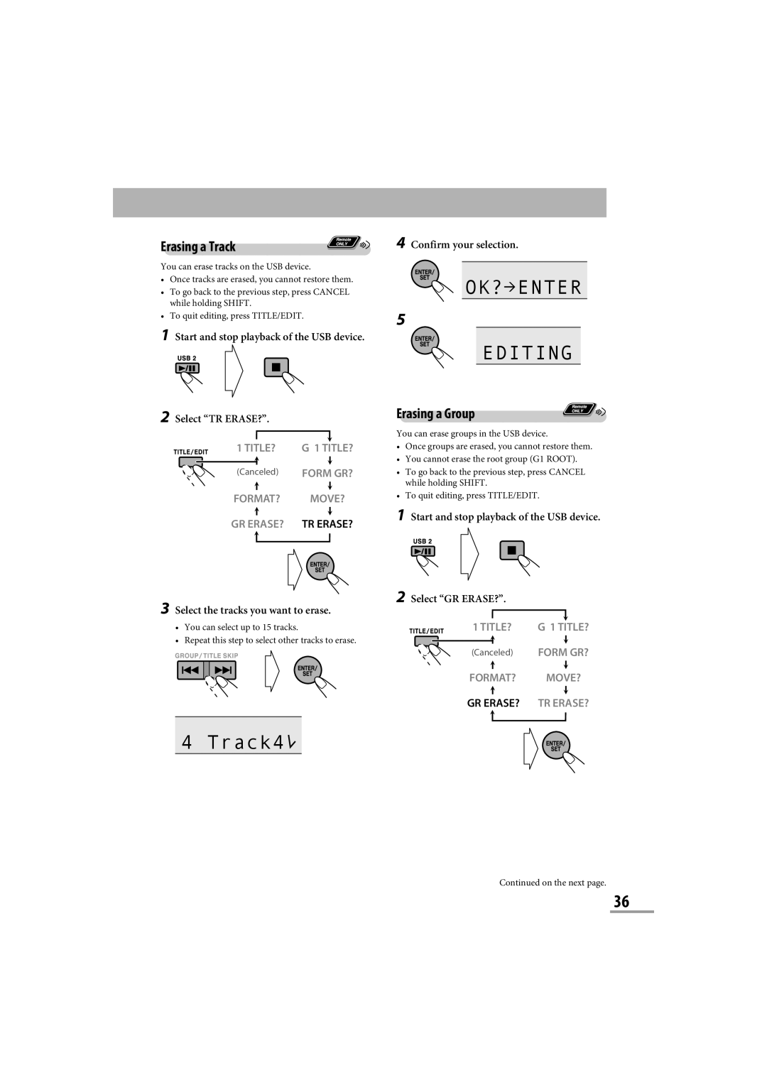 JVC CA-NXG9 manual OK? Enter Editing, Erasing a Track, Erasing a Group, Gr Erase? Tr Erase? 