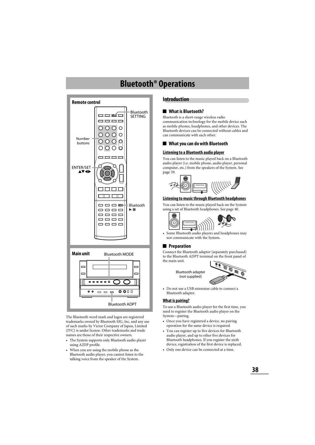 JVC CA-NXG9 manual Bluetooth Operations, Introduction, What is Bluetooth?, What you can do with Bluetooth, Preparation 