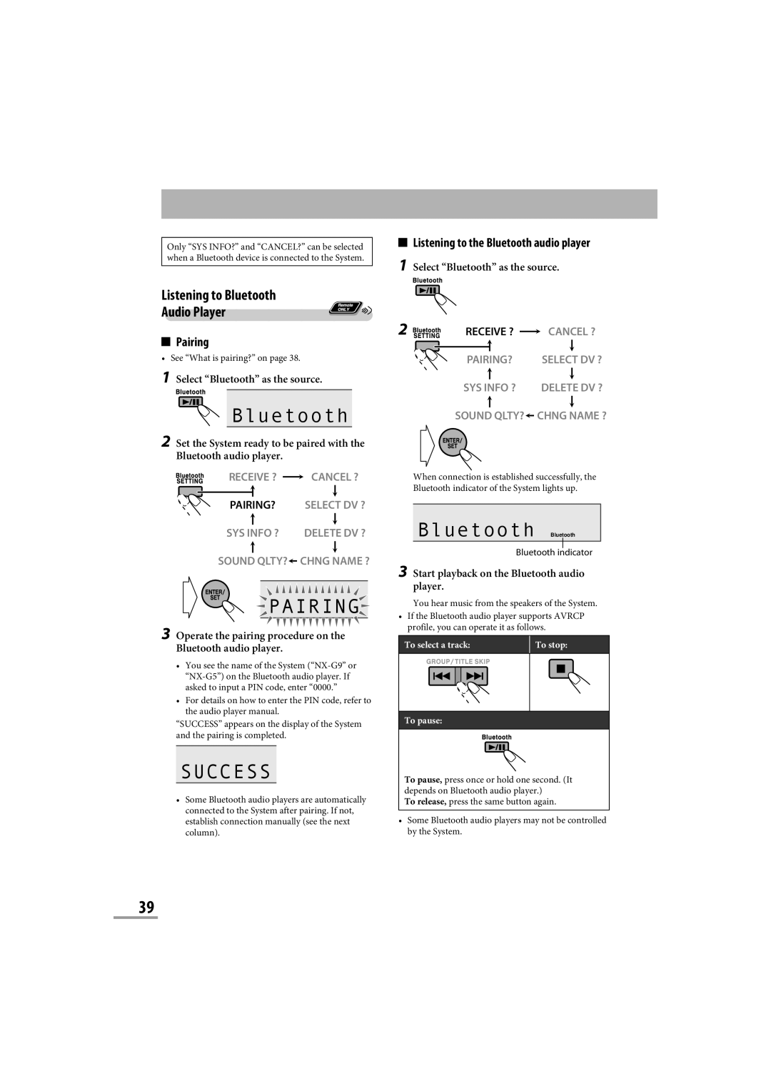 JVC CA-NXG9 manual Pairing, Success, Listening to Bluetooth Audio Player, Listening to the Bluetooth audio player 