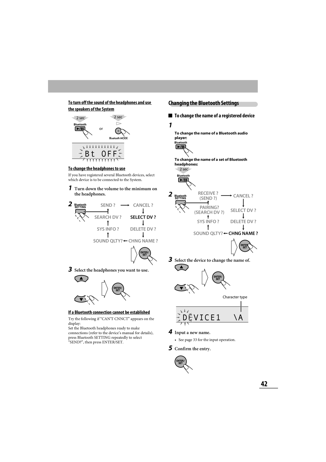 JVC CA-NXG9 DEVICE1 a, Changing the Bluetooth Settings, To change the name of a registered device, Sound QLTY? Chng Name ? 