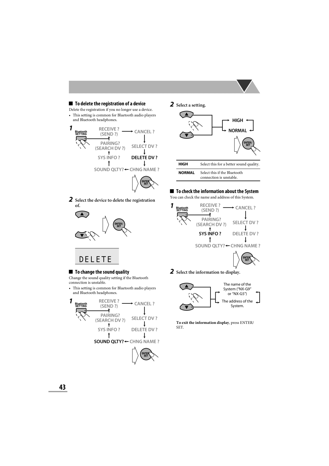 JVC CA-NXG9 manual Delete, To change the sound quality, To delete the registration of a device 