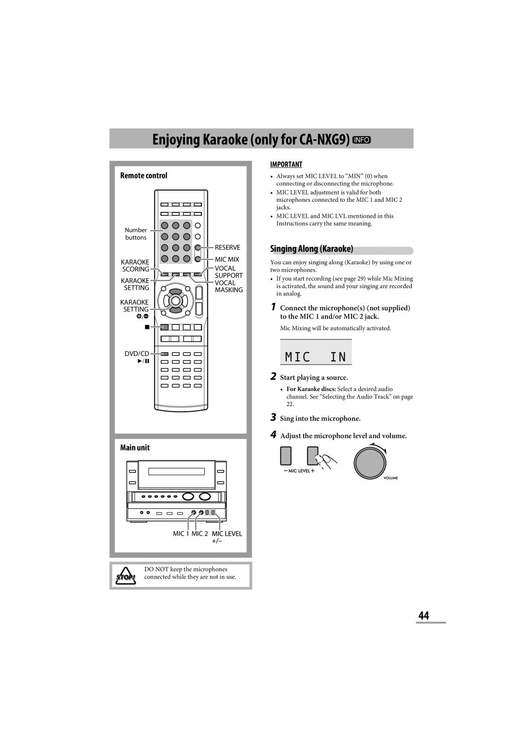 JVC CA-NXG9 manual Singing Along Karaoke, Start playing a source, Mic Mixing will be automatically activated 