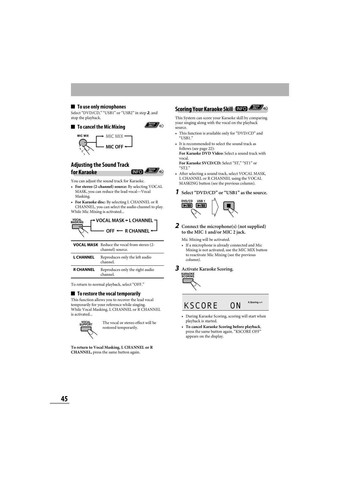 JVC CA-NXG9 manual To use only microphones, To cancel the Mic Mixing, Adjusting the Sound Track for Karaoke 