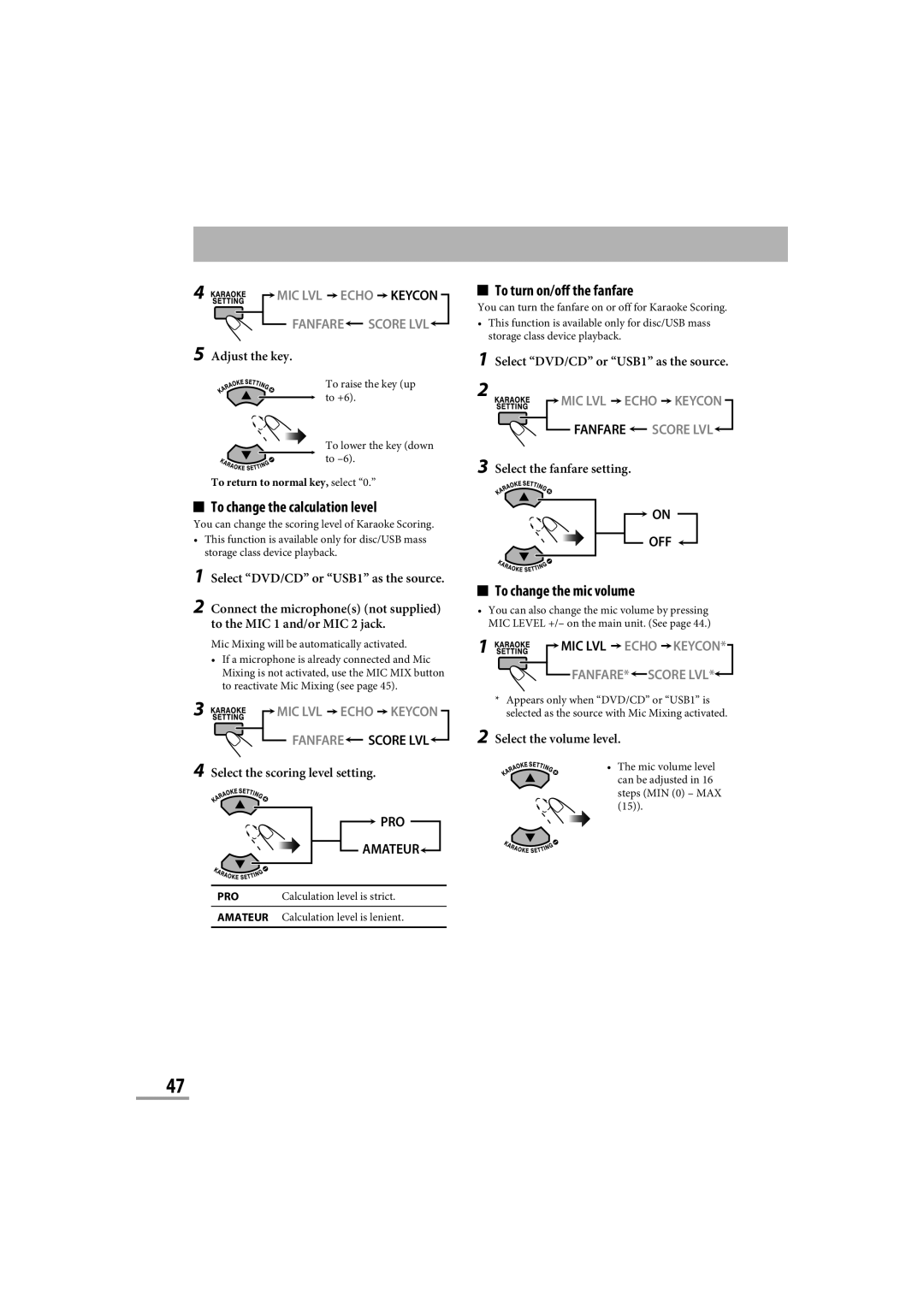 JVC CA-NXG9 manual To change the calculation level, To turn on/off the fanfare, To change the mic volume, PRO Amateur, Off 