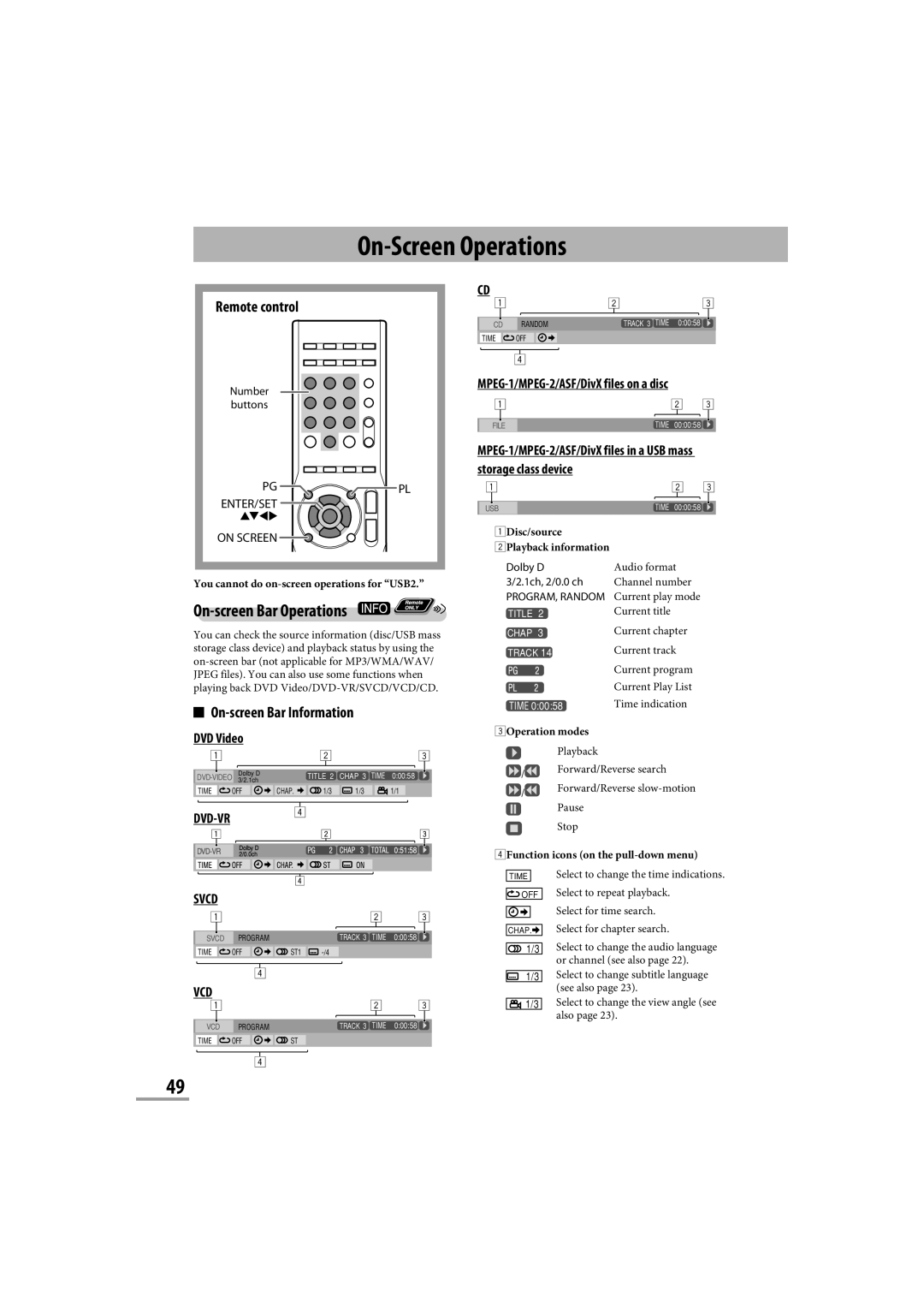 JVC CA-NXG9 manual On-Screen Operations, On-screen Bar Operations, On-screen Bar Information, DVD-VR4 Svcd, Vcd 