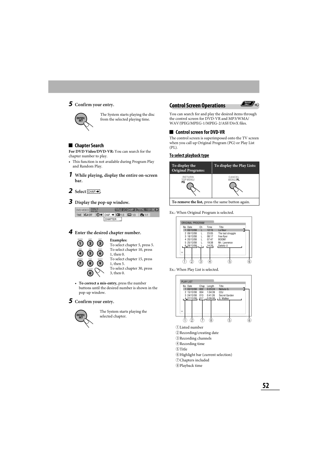 JVC CA-NXG9 manual Control Screen Operations, Chapter Search, Control screen for DVD-VR, To select playback type 