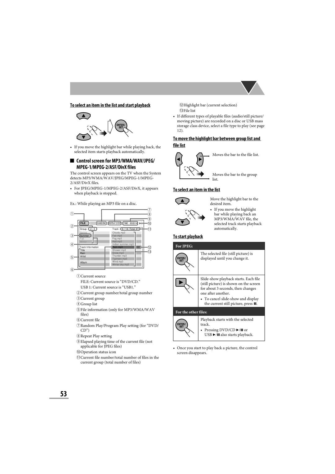 JVC CA-NXG9 To move the highlight bar between group list and file list, To select an item in the list, To start playback 