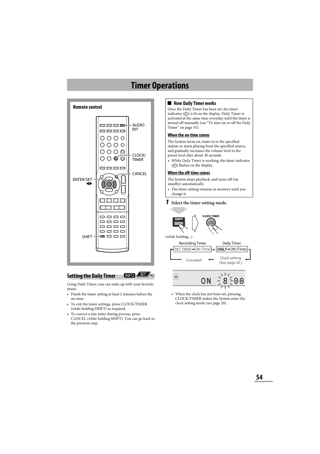 JVC CA-NXG9 manual Timer Operations, Setting the Daily Timer, How Daily Timer works, When the on-time comes 