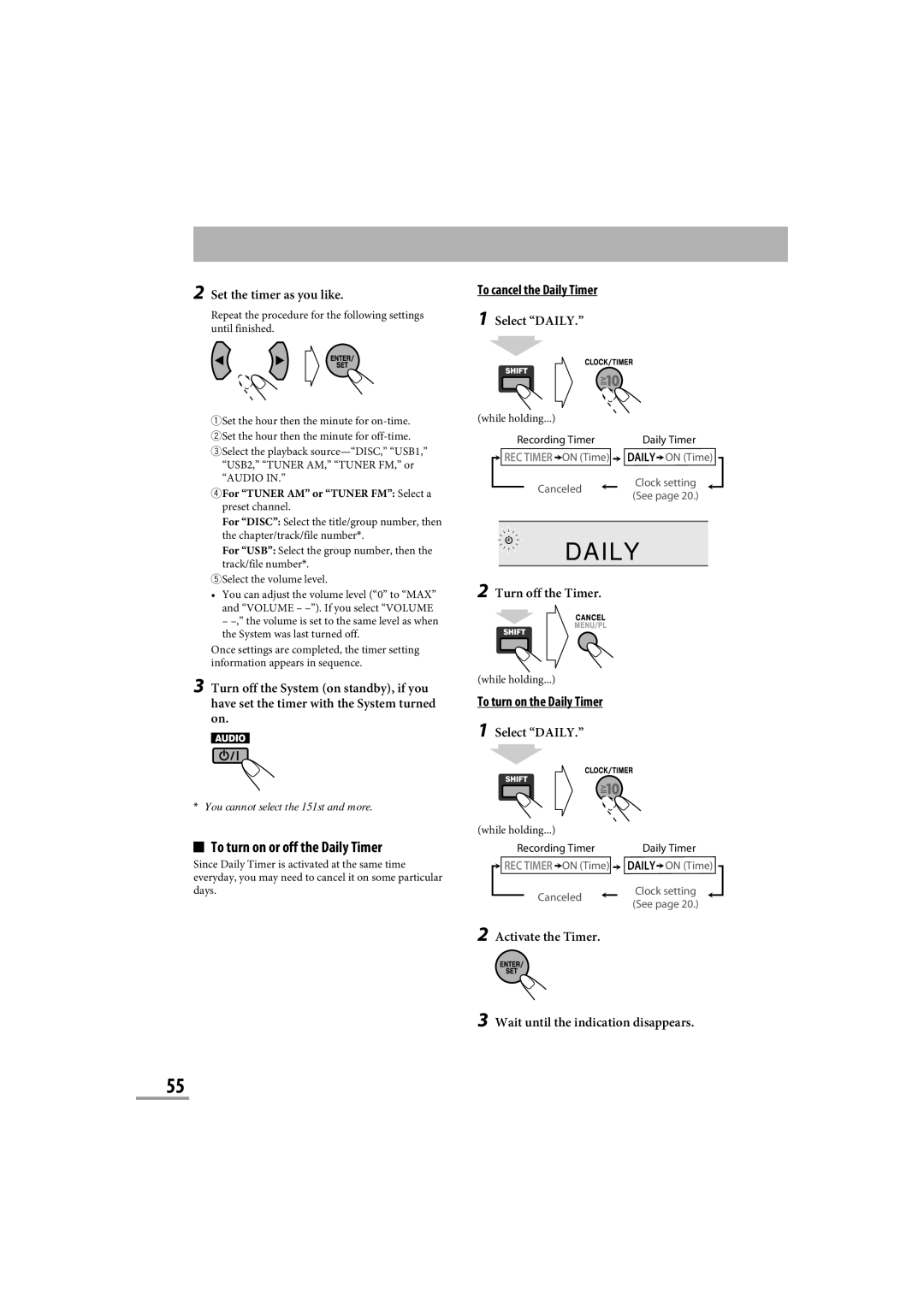 JVC CA-NXG9 manual To turn on or off the Daily Timer, To cancel the Daily Timer, To turn on the Daily Timer 