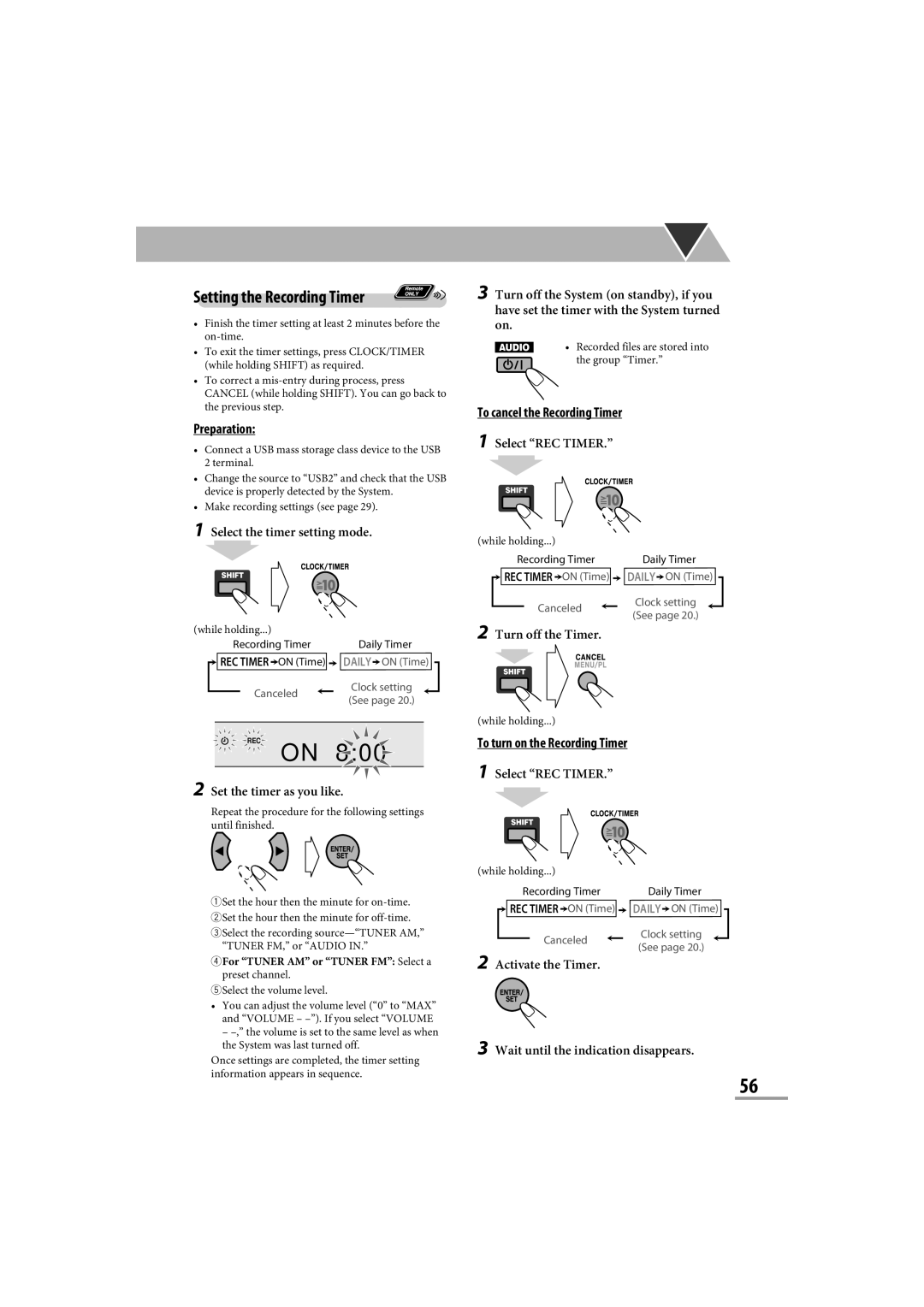 JVC CA-NXG9 manual Setting the Recording Timer, To cancel the Recording Timer, Select REC Timer 