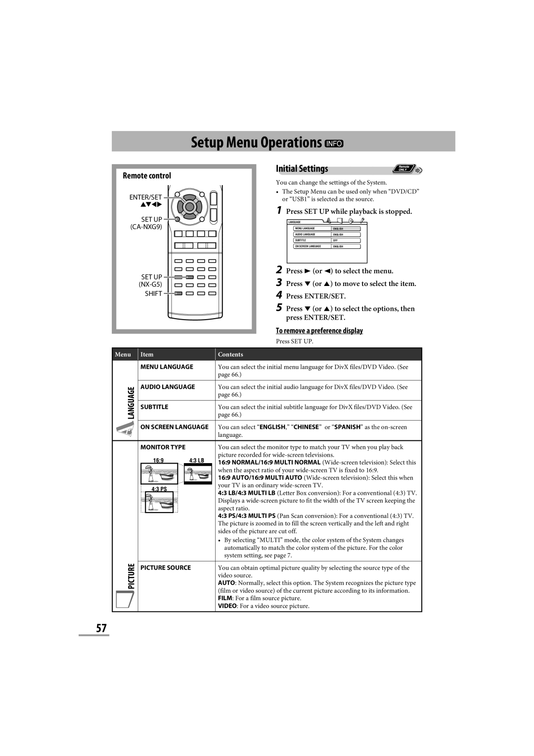 JVC CA-NXG9 manual Setup Menu Operations, Initial Settings, To remove a preference display 