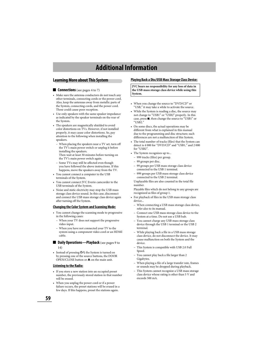 JVC CA-NXG9 manual Additional Information, Learning More about This System, Daily Operations-Playback see pages 9 to 