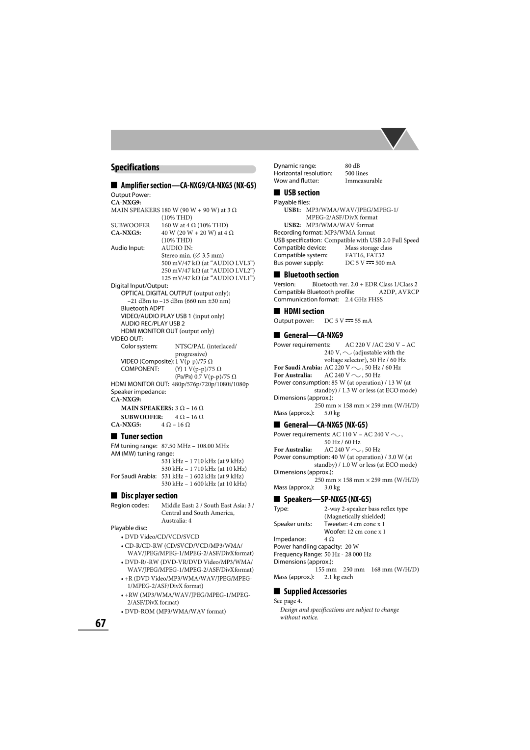 JVC CA-NXG9 manual Specifications 