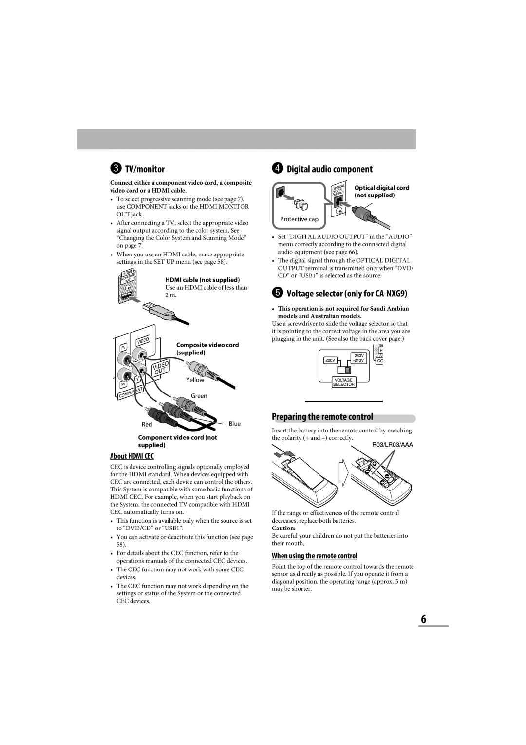 JVC manual TV/monitor, ⁄ Digital audio component, Preparing the remote control, @ Voltage selector only for CA-NXG9 