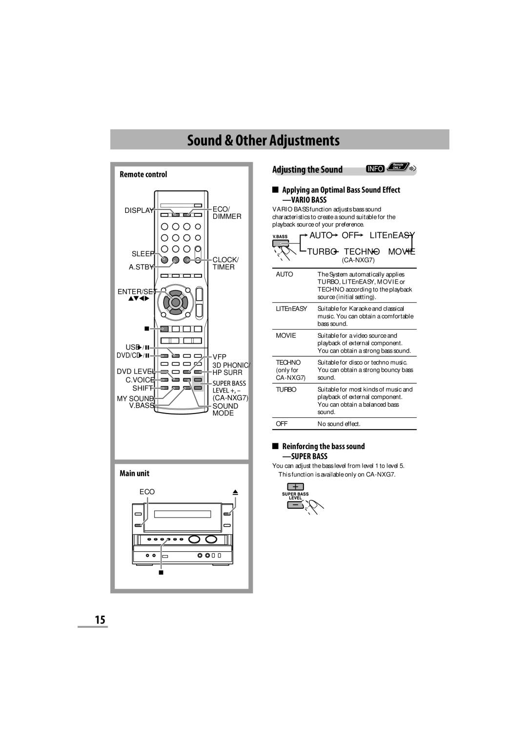 JVC CA-NXG9 manual Reinforcing the bass sound, Super Bass 