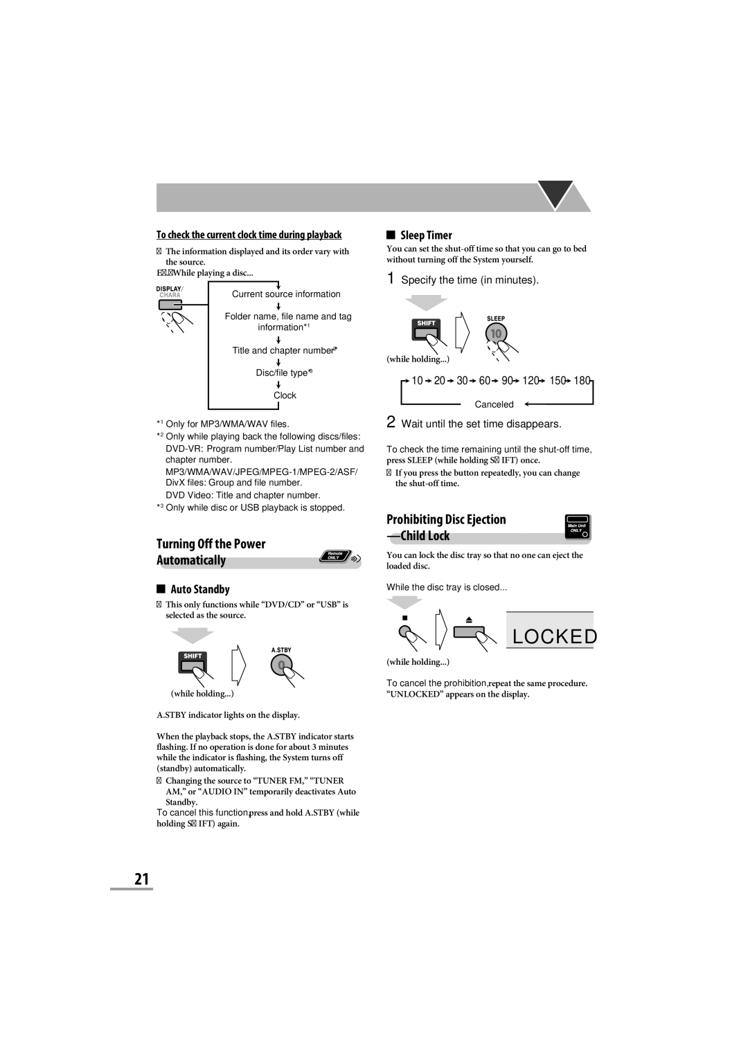 JVC CA-NXG9 manual To check the current clock time during playback, To check the time remaining until the shut-off time 