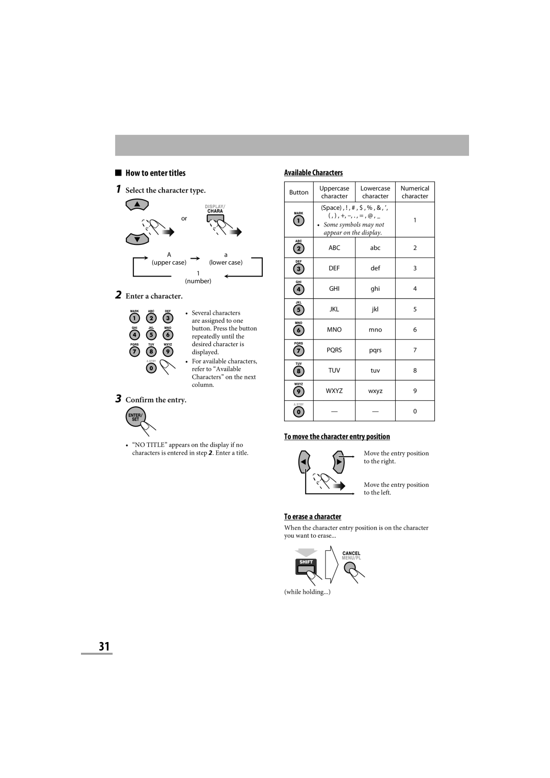 JVC CA-NXG9 manual How to enter titles, Available Characters, To move the character entry position, To erase a character 