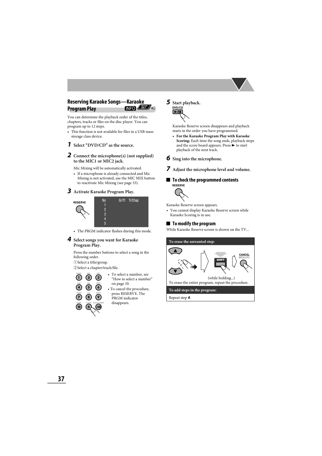 JVC CA-NXG9 manual To check the programmed contents, To modify the program, Reserving Karaoke Songs—KaraokeProgram Play 