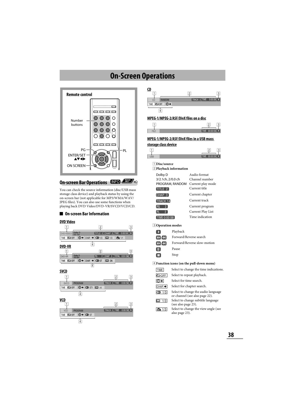 JVC CA-NXG9 manual On-ScreenOperations, On-screenBar Operations, Remote control, On-screenBar Information, DVD Video 
