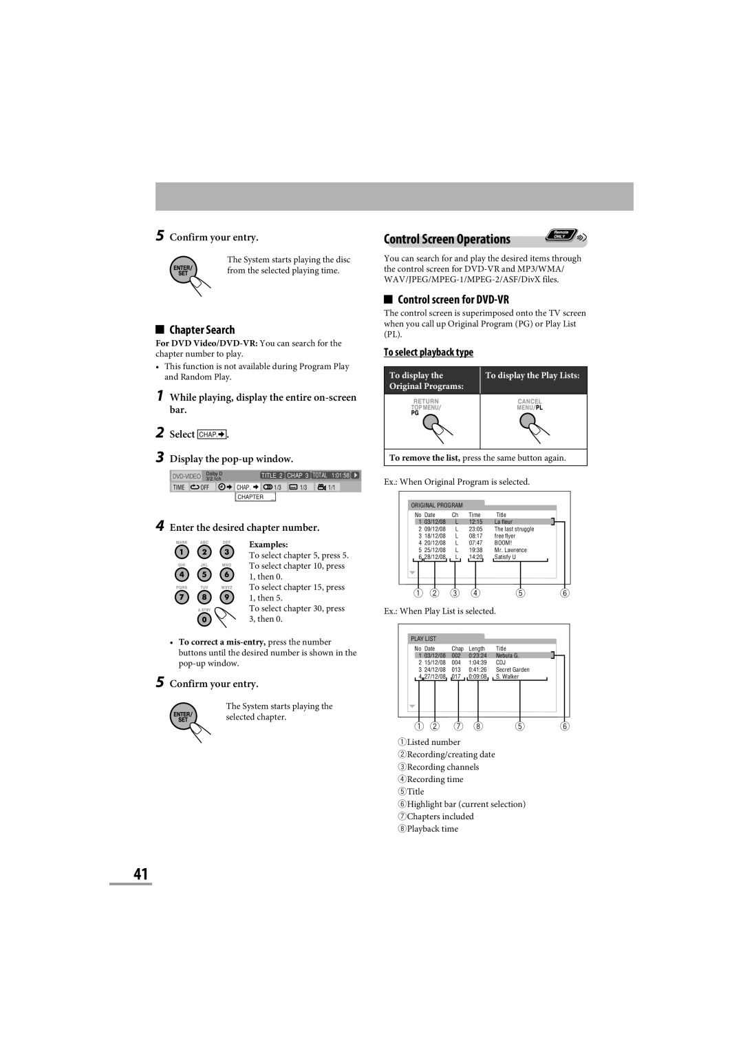 JVC CA-NXG9 manual Control Screen Operations, Chapter Search, Control screen for DVD-VR, To select playback type 