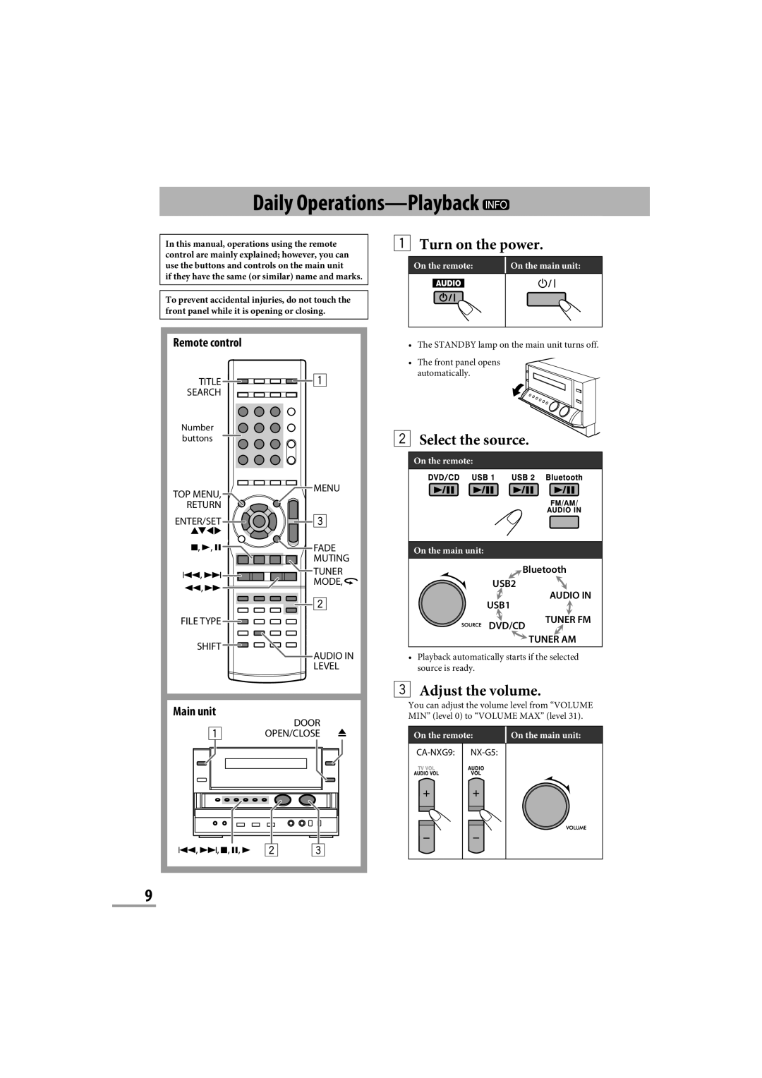 JVC CA-NXG9 manual Daily Operations-Playback, 1Turn on the power, 2Select the source, 3Adjust the volume, Remote control 