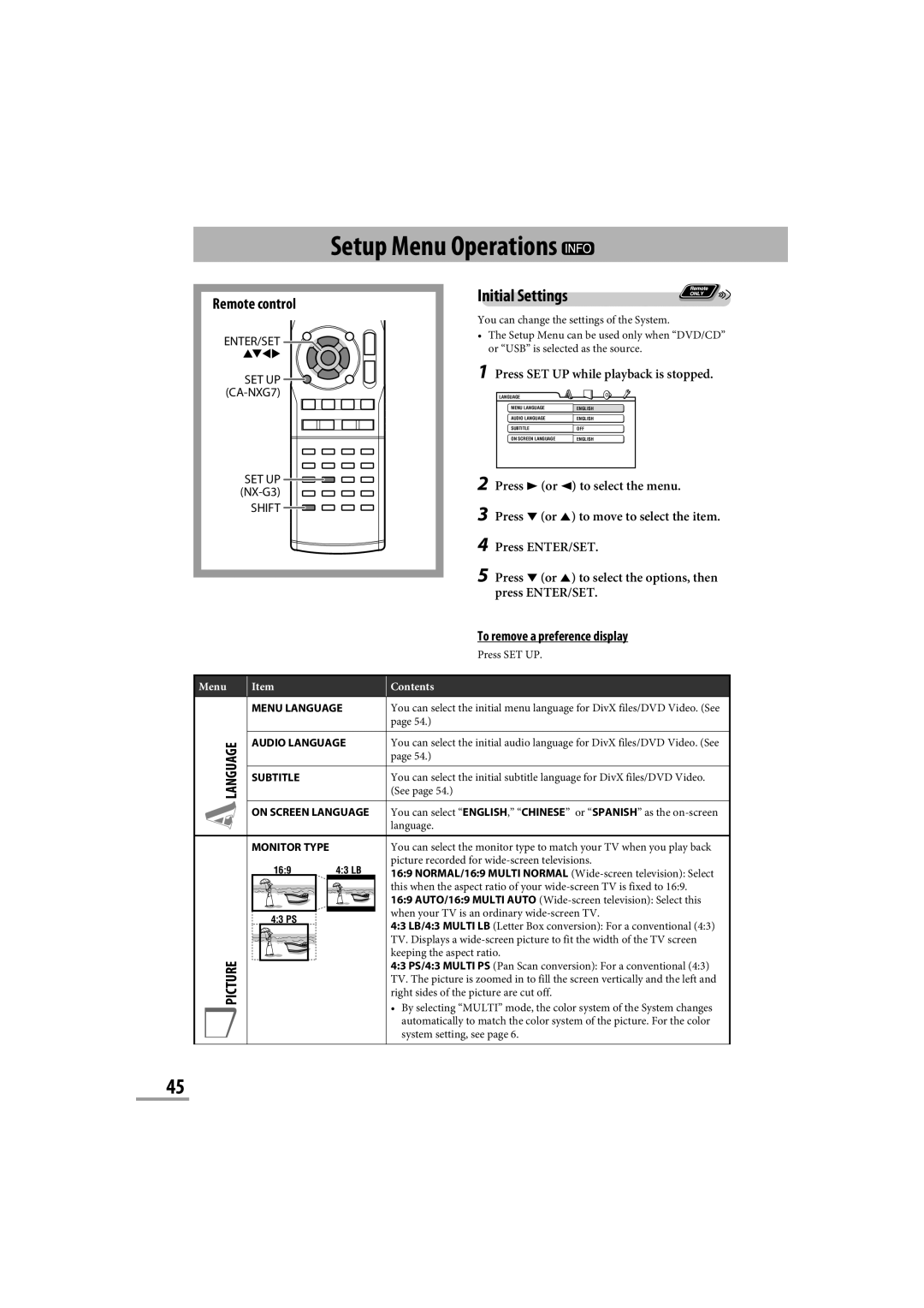 JVC CA-NXG9 manual Setup Menu Operations, Initial Settings, Remote control, Language Picture, Item, Contents 
