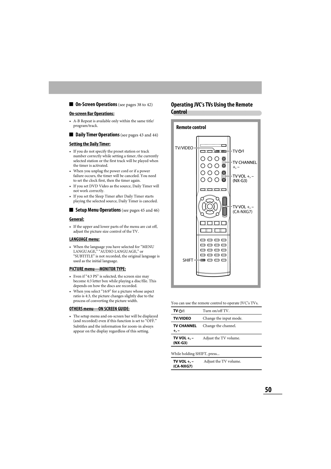 JVC CA-NXG9 On-ScreenOperations see pages 38 to, Daily Timer Operations see pages 43 and, Remote control, LANGUAGE menu 