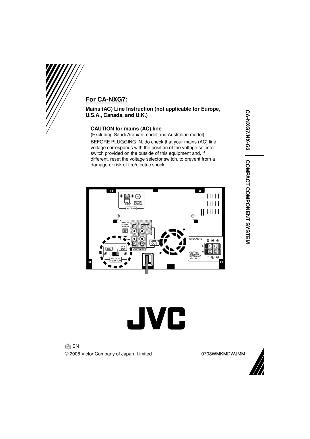 JVC CA-NXG9 manual For CA-NXG7, CA-NXG7/NX-G3COMPACT COMPONENT SYSTEM, CAUTION for mains AC line 
