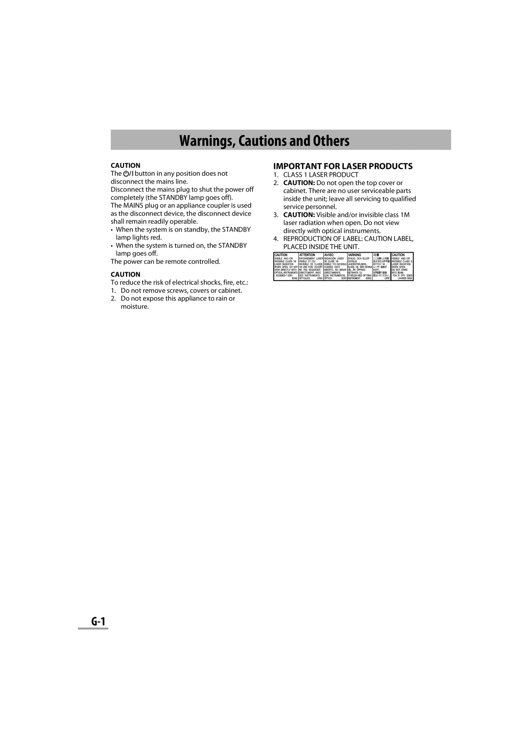 JVC CA-NXG9 manual Warnings, Cautions and Others, Important For Laser Products 