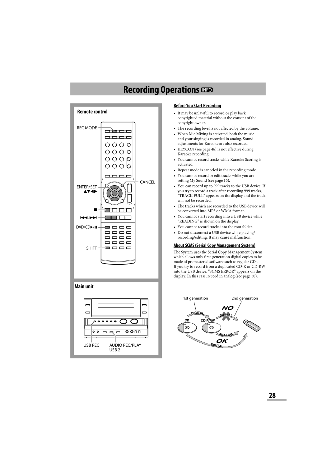 JVC CA-NXG9 manual Recording Operations, Before You Start Recording, Remote control, Main unit 