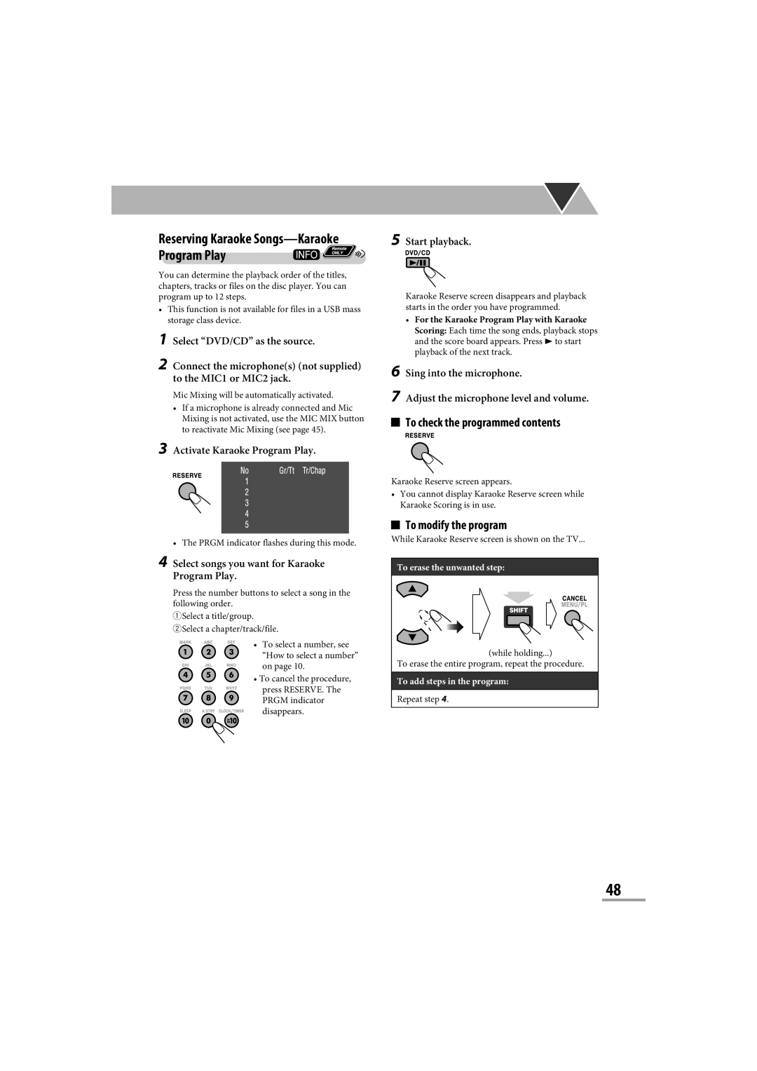 JVC CA-NXG9 manual Reserving Karaoke Songs-KaraokeProgram Play, To check the programmed contents, To modify the program 