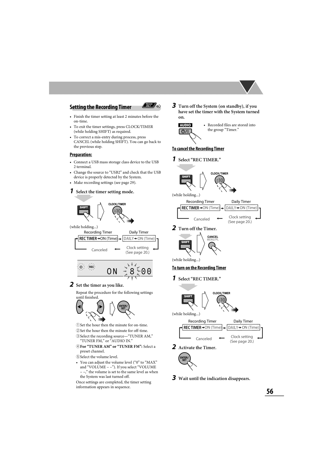 JVC CA-NXG9 manual ON 8:00, Setting the Recording Timer, To cancel the Recording Timer, Preparation, 1Select “REC TIMER.” 