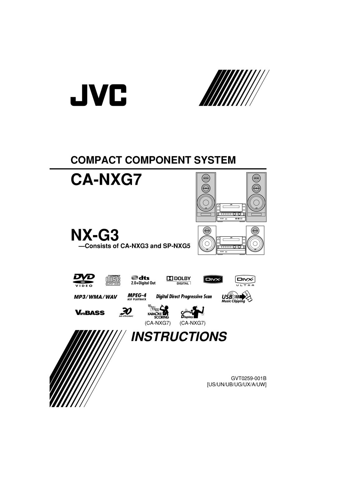 JVC CA-NXG9 manual CA-NXG7 NX-G3, Consistsof CA-NXG3and SP-NXG5, Instructions, Compact Component System 