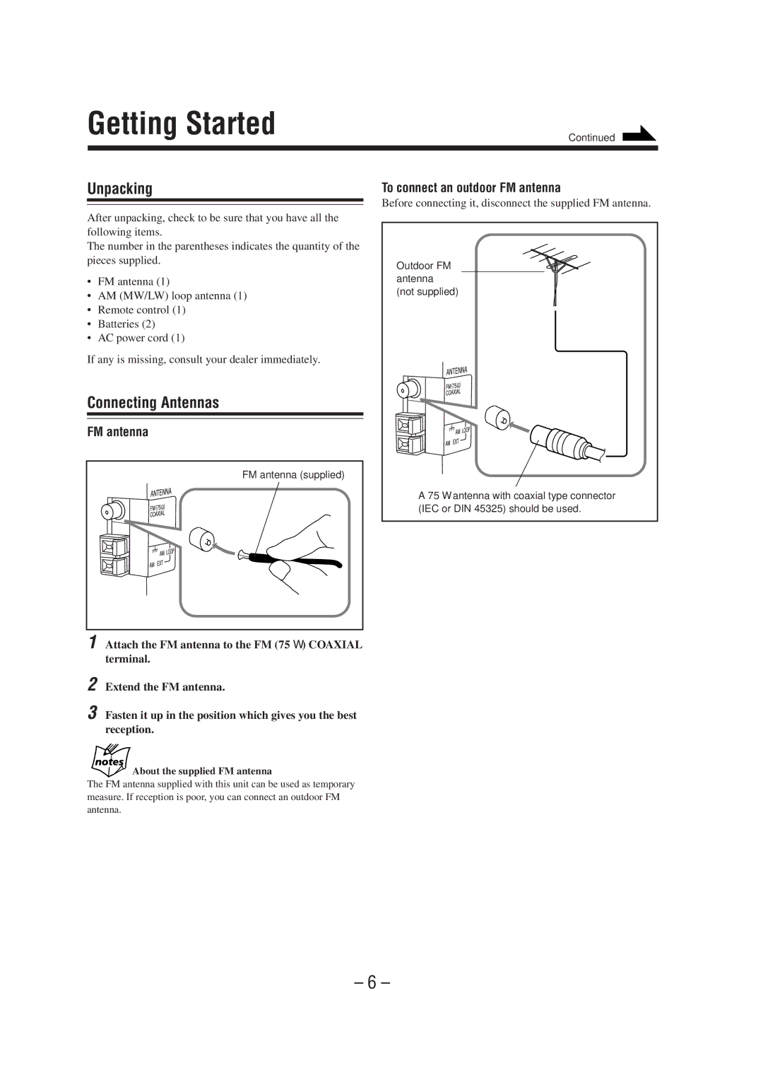 JVC CA-NXHD10R manual Getting Started, Unpacking, Connecting Antennas, To connect an outdoor FM antenna 