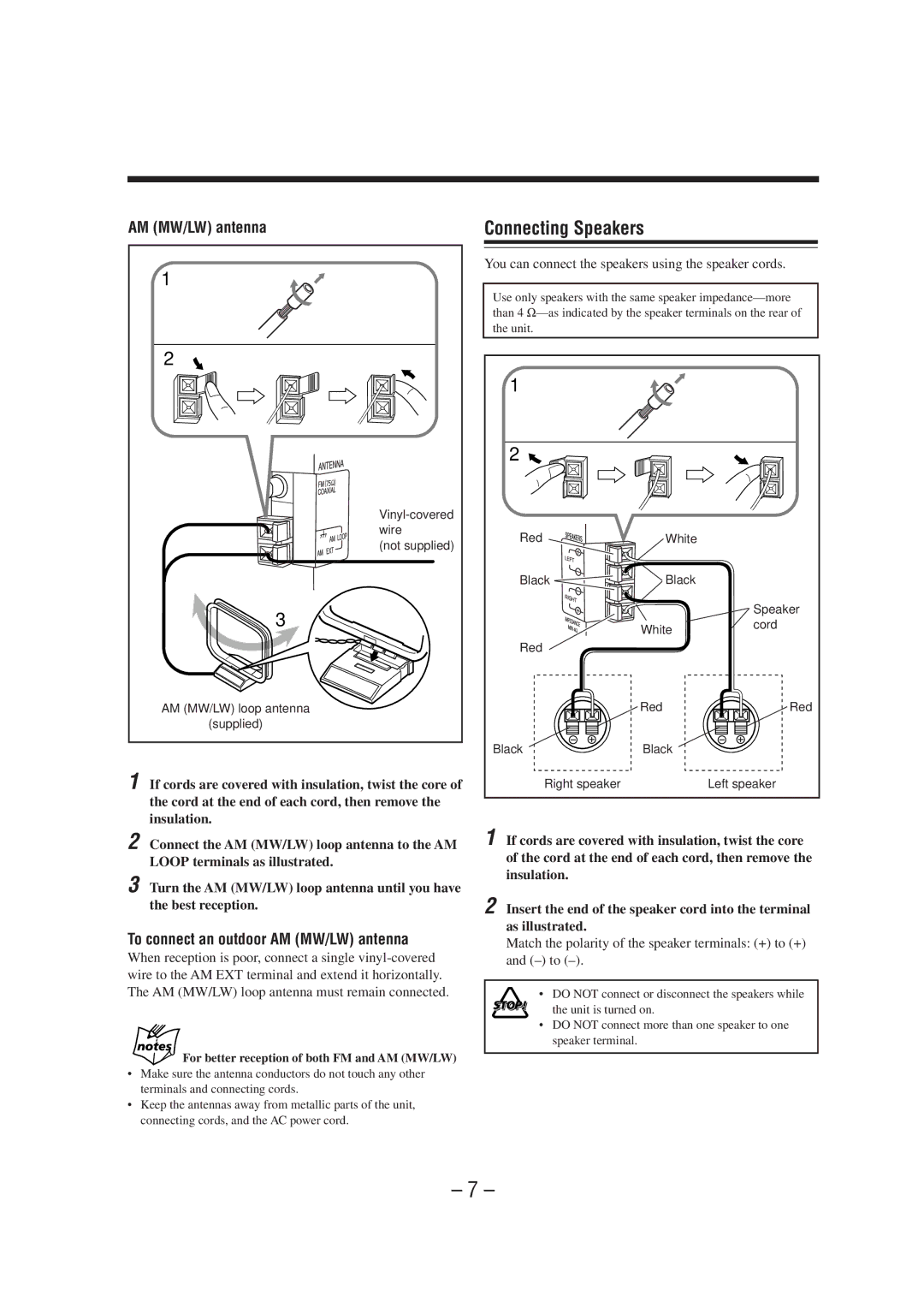 JVC CA-NXHD10R manual Connecting Speakers, To connect an outdoor AM MW/LW antenna 