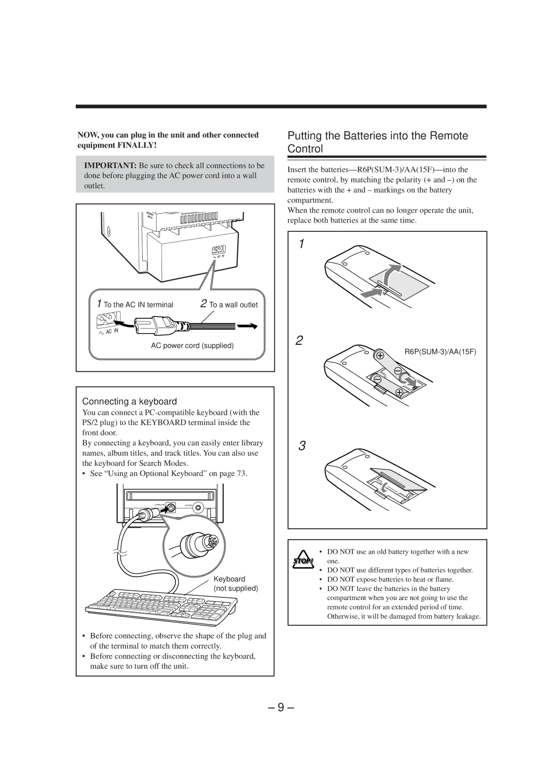 JVC CA-NXHD10R manual Putting the Batteries into the Remote Control, Connecting a keyboard 