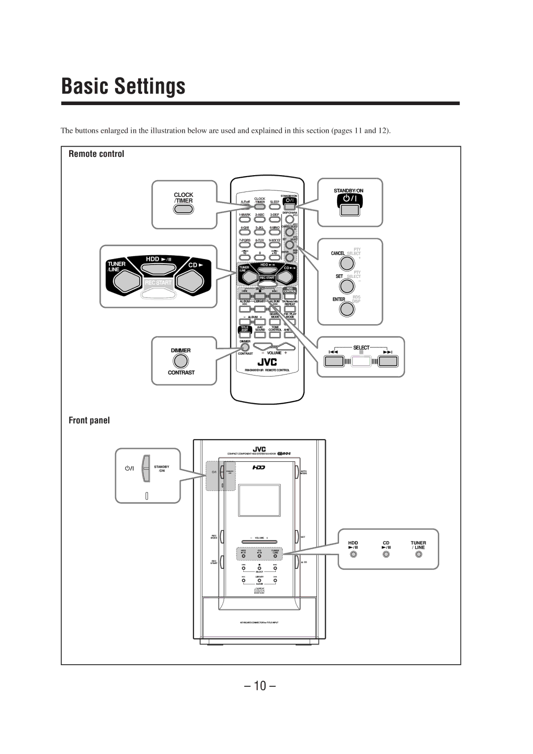 JVC CA-NXHD10R manual Basic Settings, Remote control, Front panel 