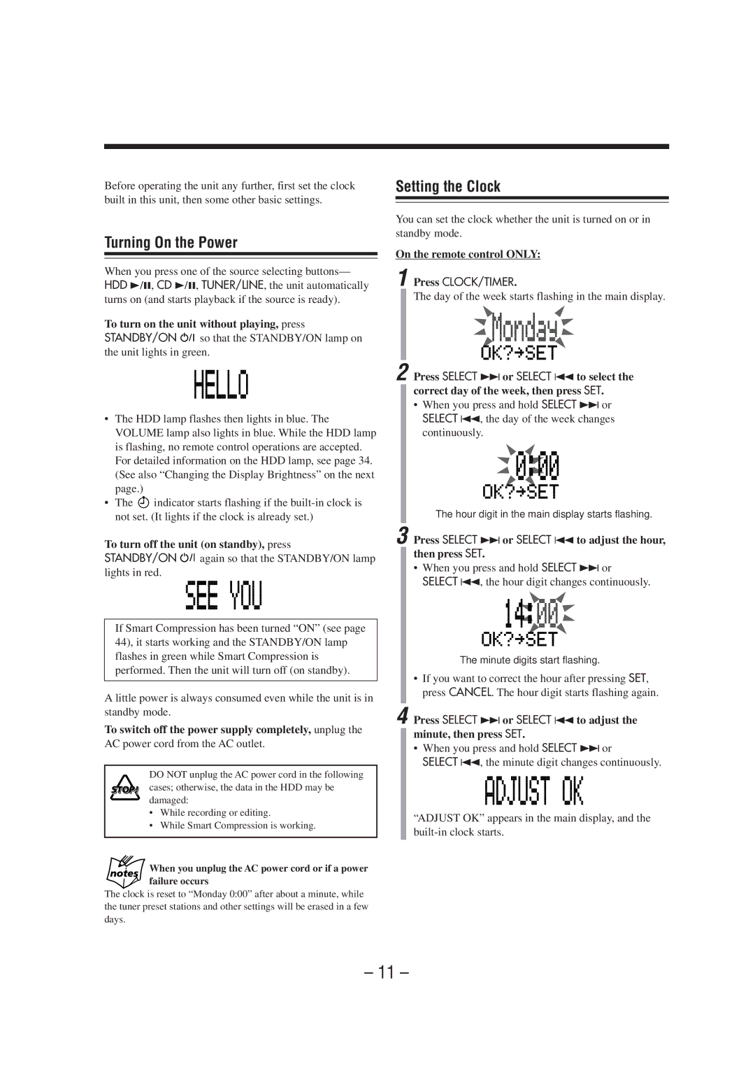 JVC CA-NXHD10R manual Turning On the Power, Setting the Clock 