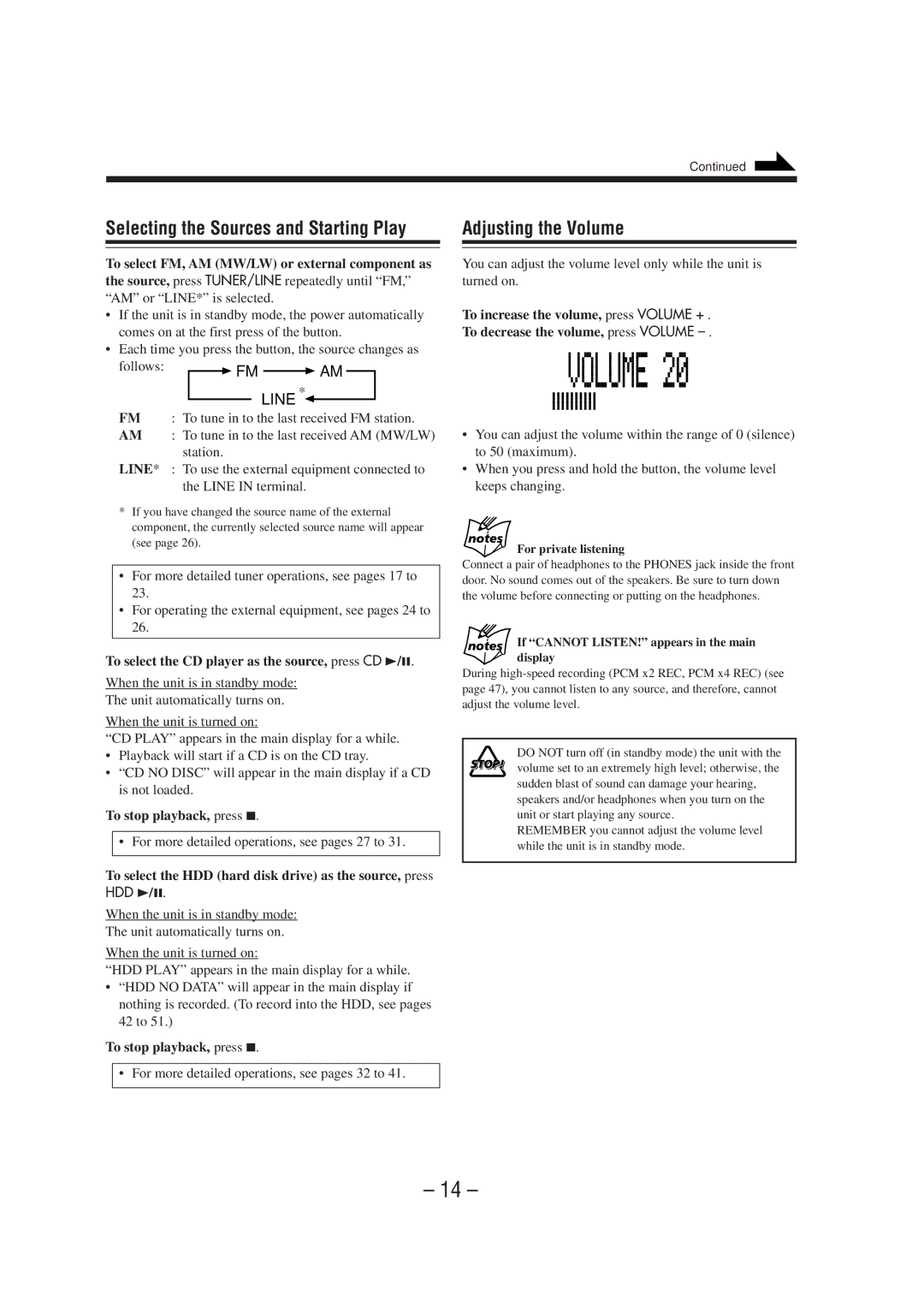 JVC CA-NXHD10R manual Selecting the Sources and Starting Play, Adjusting the Volume, Line, To stop playback, press 