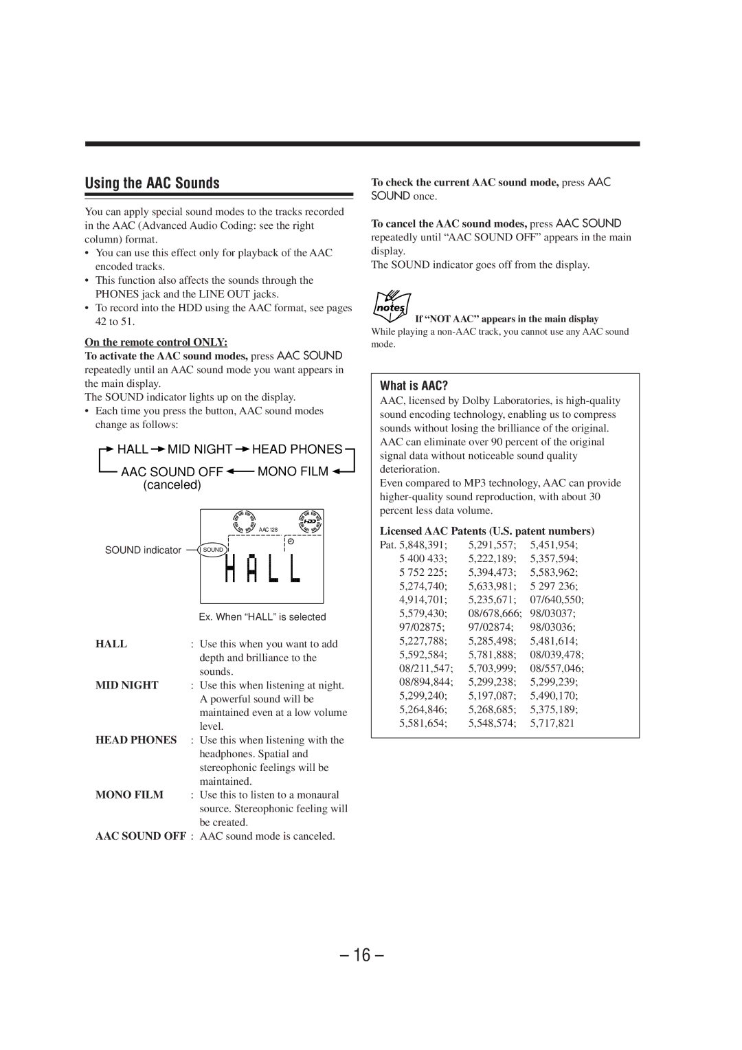 JVC CA-NXHD10R manual Using the AAC Sounds, Hall MID Night Head Phones, AAC Sound OFF Mono Film canceled, What is AAC? 