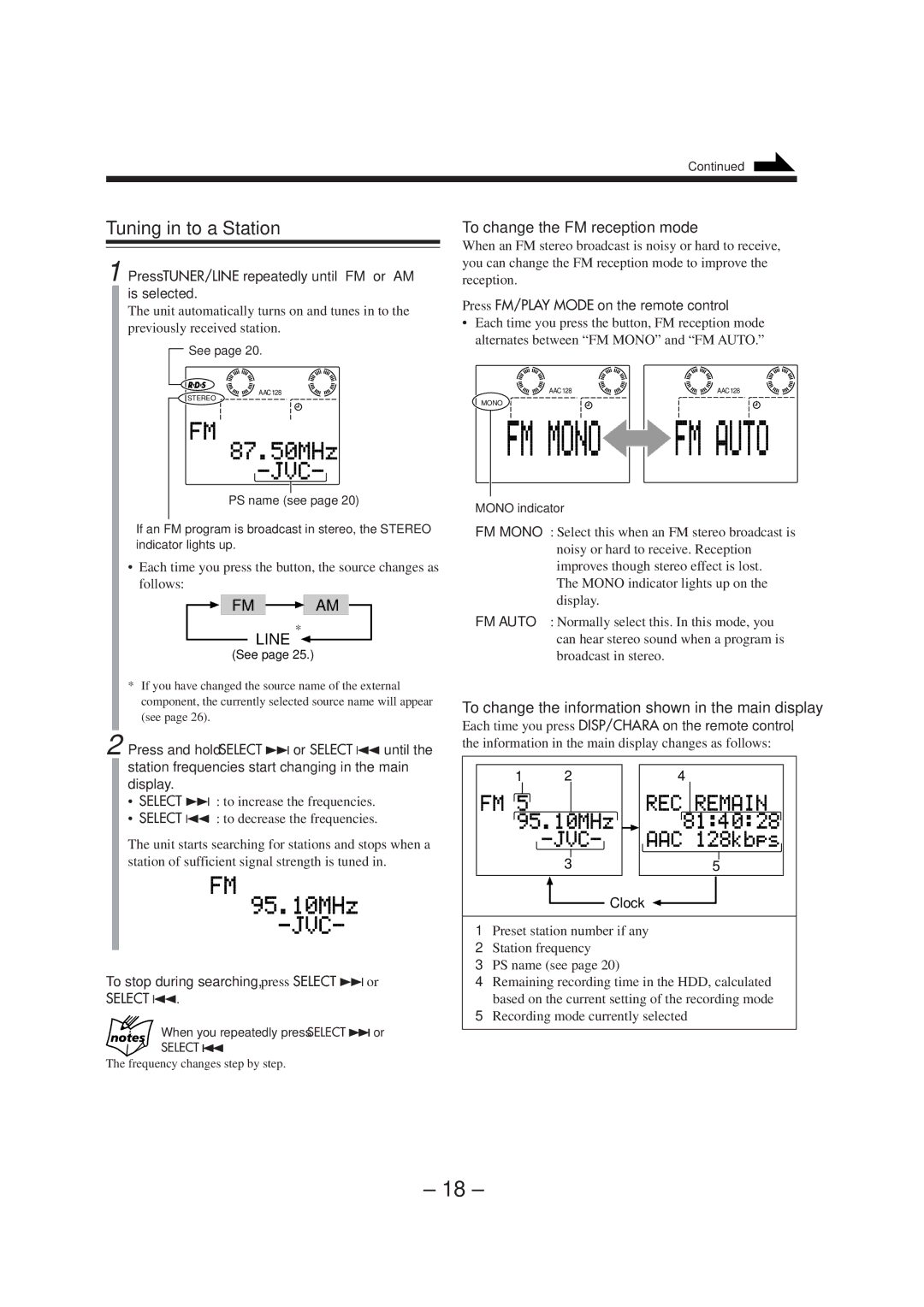 JVC CA-NXHD10R manual Tuning in to a Station, To change the FM reception mode, FM AM Line 