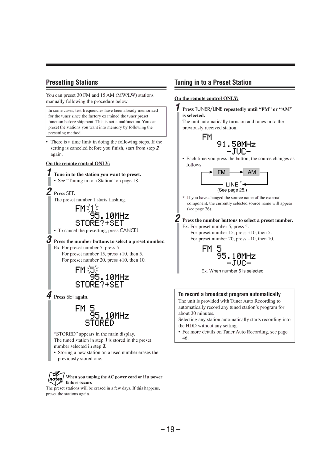 JVC CA-NXHD10R manual Presetting Stations, Tuning in to a Preset Station, To record a broadcast program automatically 