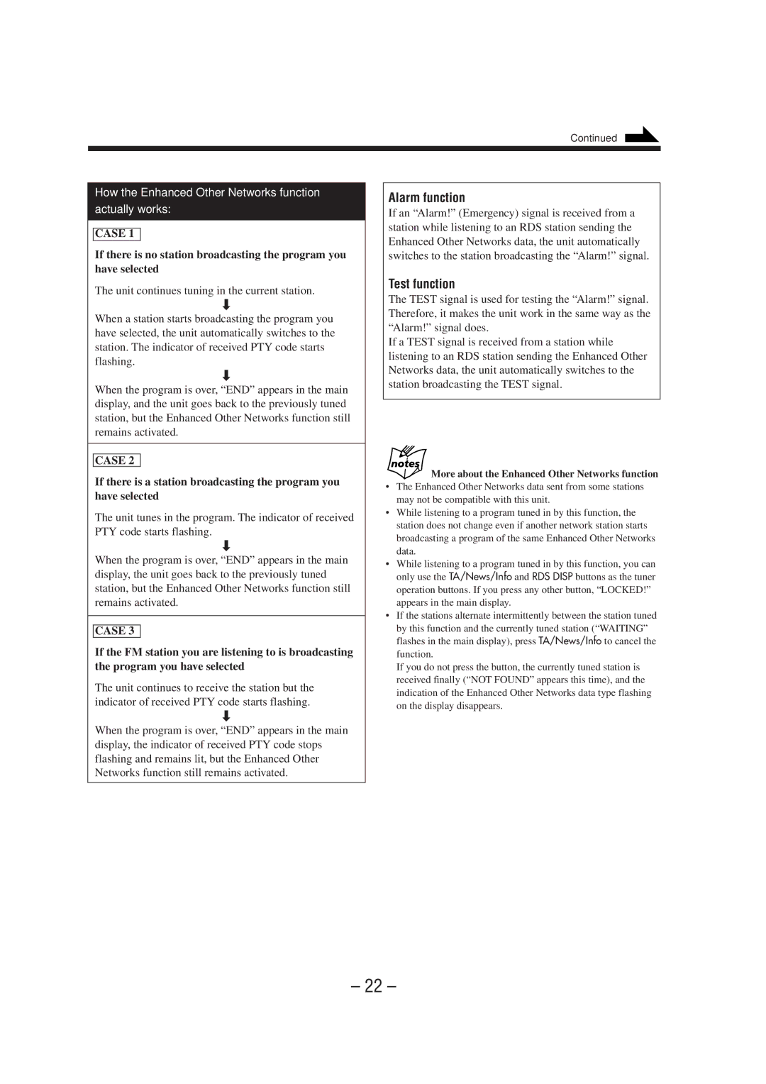 JVC CA-NXHD10R manual Alarm function, Test function, More about the Enhanced Other Networks function 