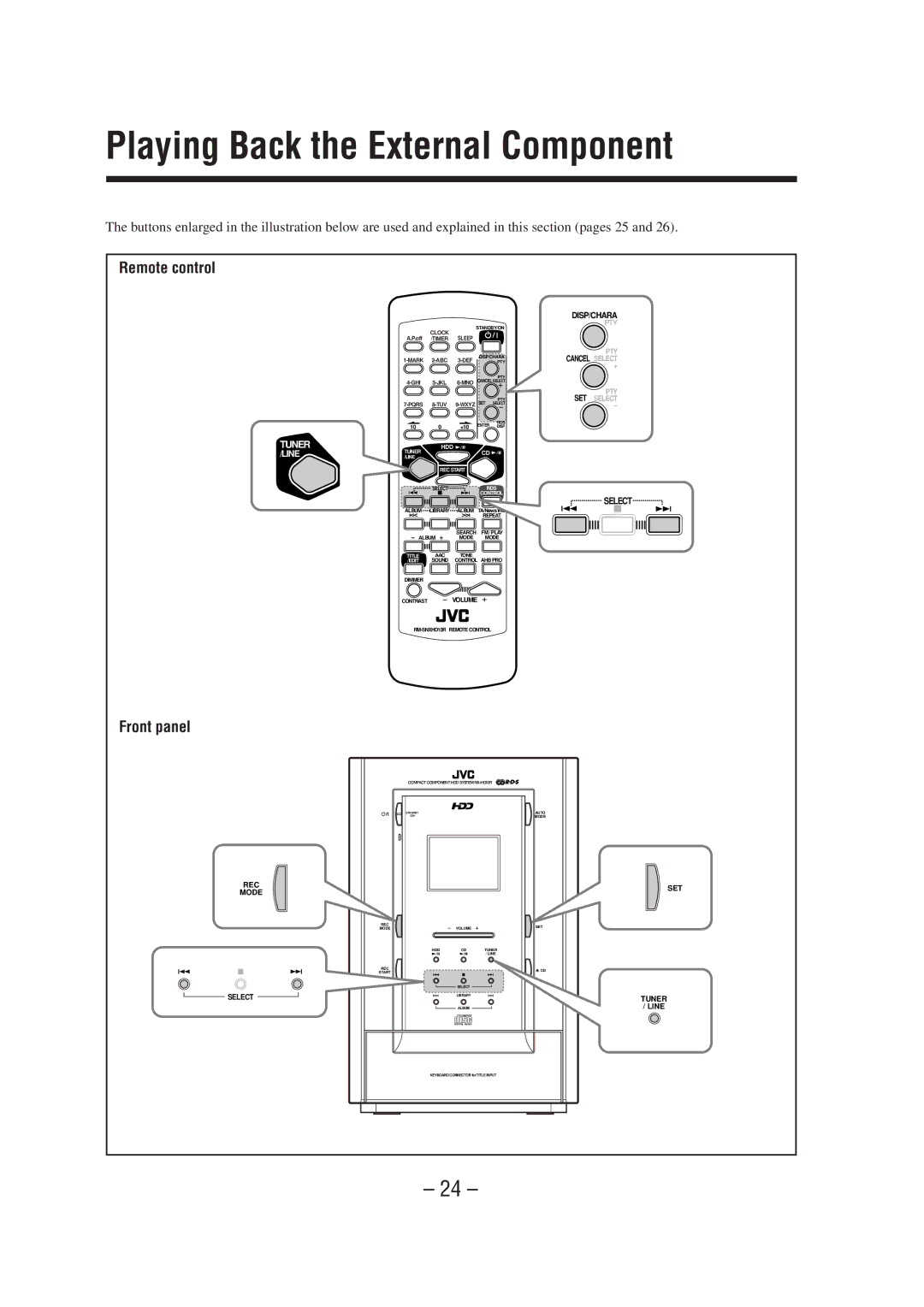 JVC CA-NXHD10R manual Playing Back the External Component, Remote control 