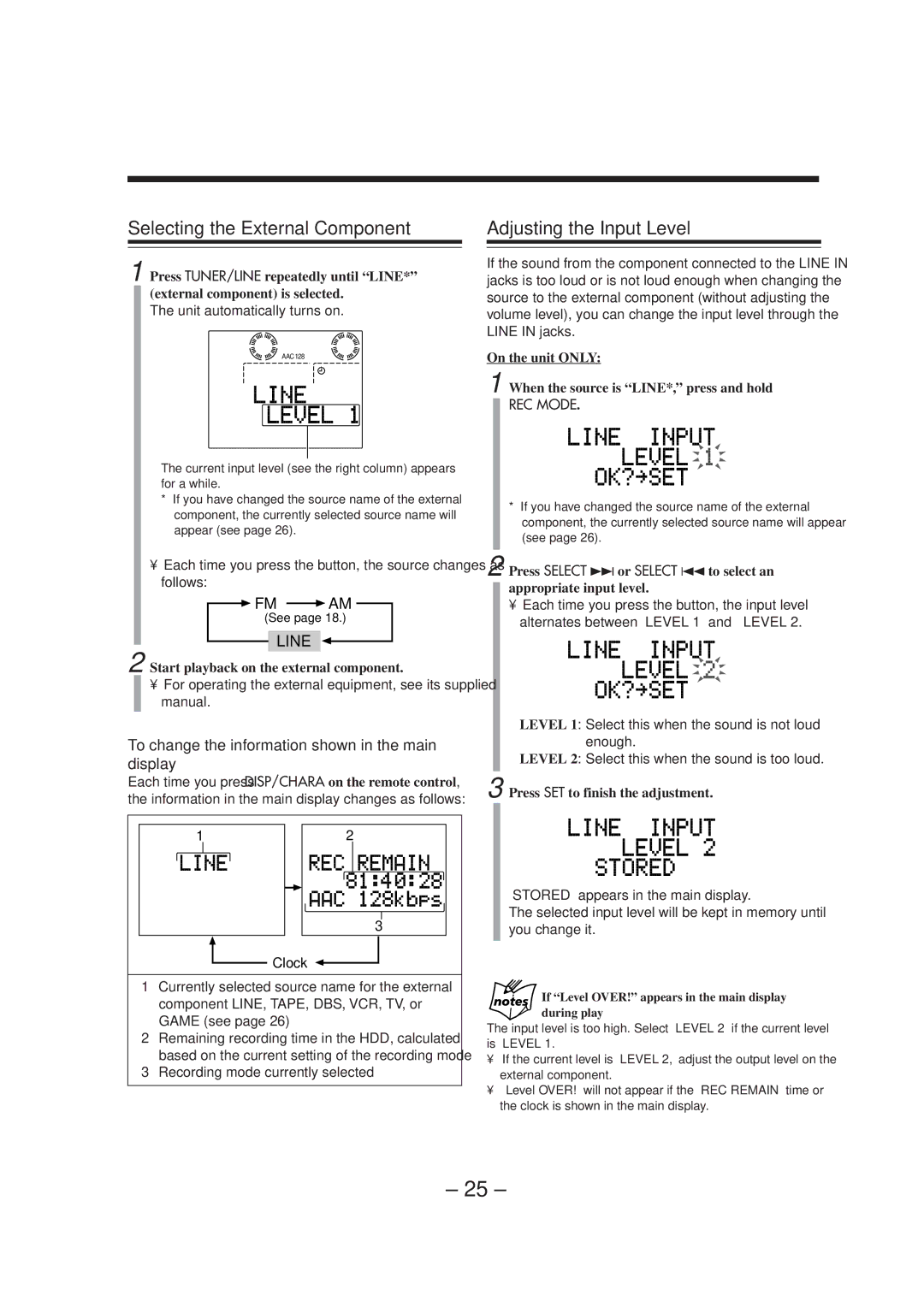 JVC CA-NXHD10R manual Selecting the External Component, Adjusting the Input Level, Fm Am 