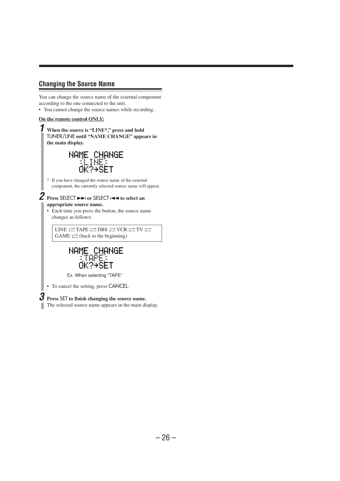 JVC CA-NXHD10R Changing the Source Name, To cancel the setting, press Cancel, Press SET to finish changing the source name 