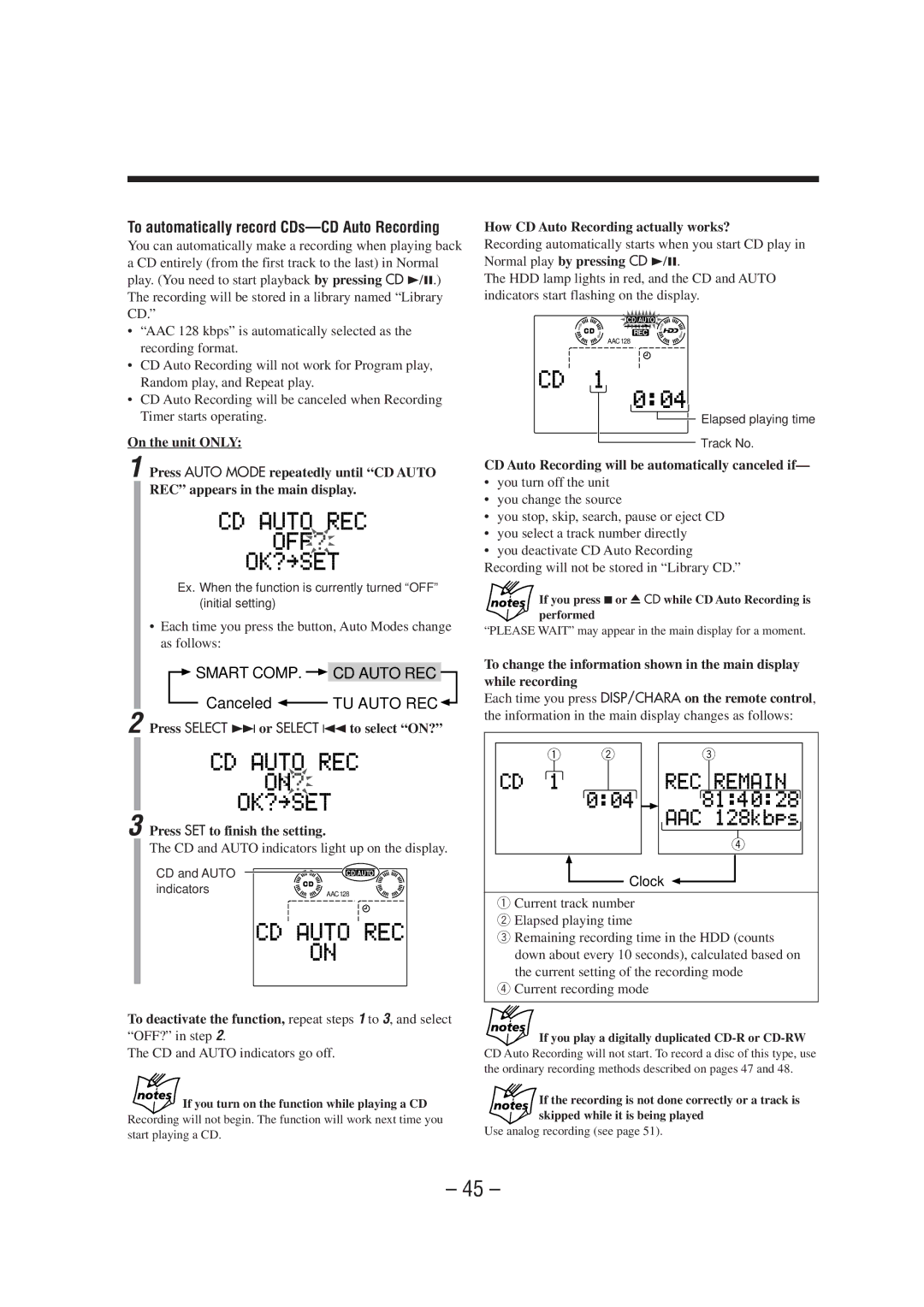 JVC CA-NXHD10R manual To automatically record CDs-CD Auto Recording, CD and Auto indicators light up on the display 