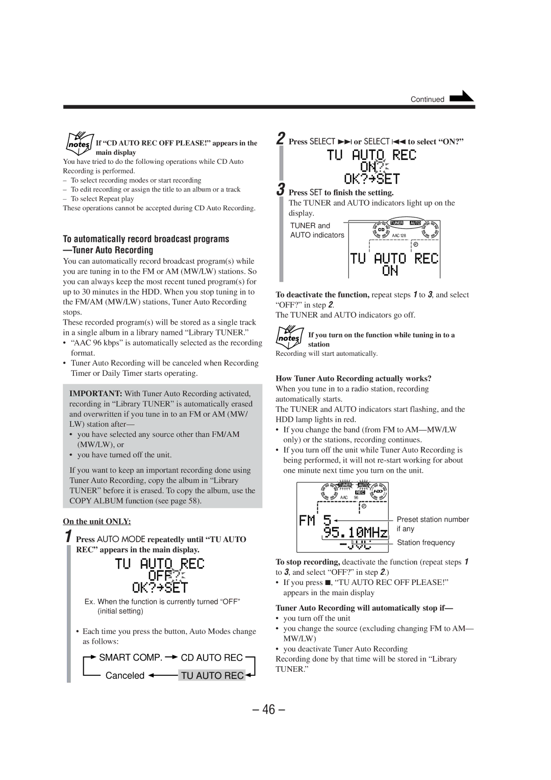 JVC CA-NXHD10R manual Smart Comp CD Auto REC, Canceled, TU Auto REC, How Tuner Auto Recording actually works? 